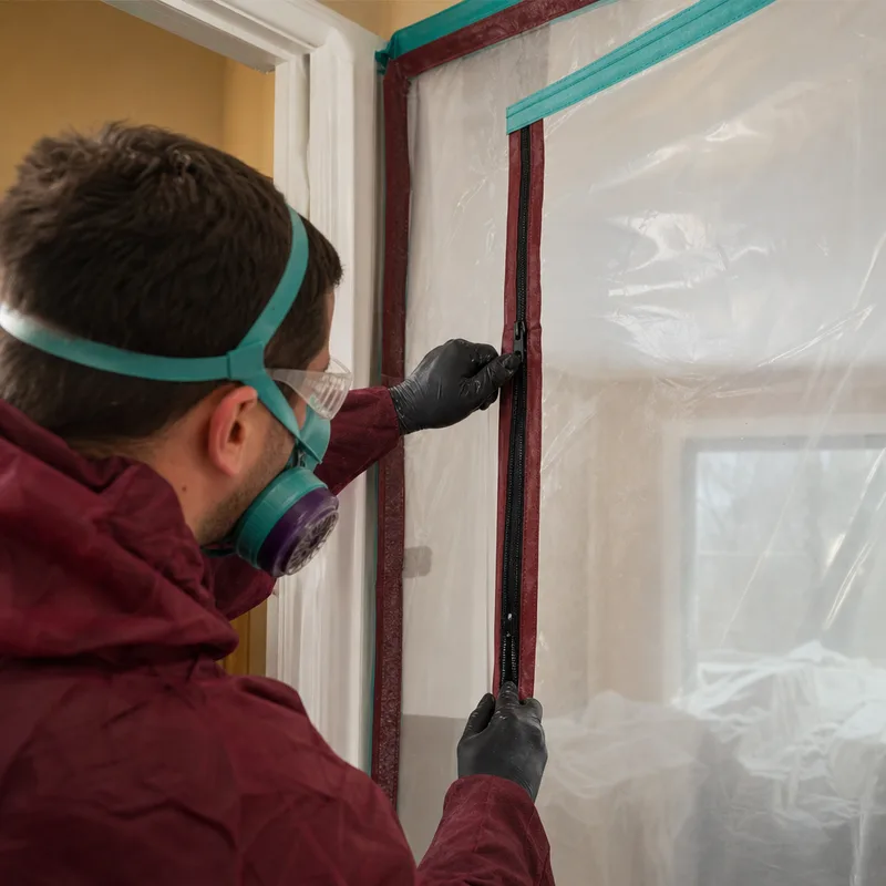 HEPA air scrubber with ducting positioned inside a contained room during remediation work
