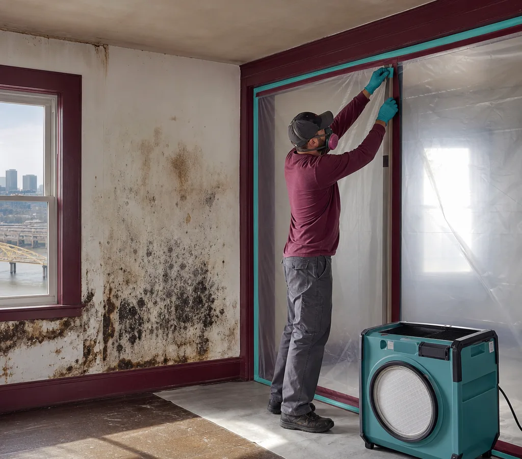 Contractor in protective gear setting up plastic containment and a negative air machine in a moisture-stained residential room