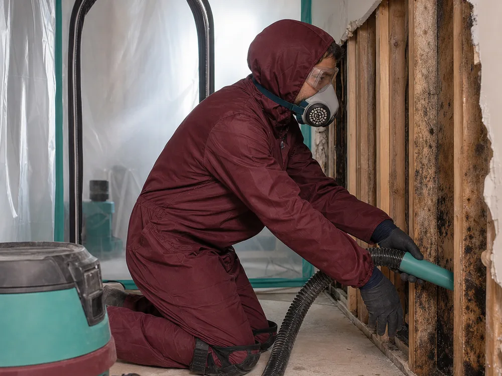 Contractor sealing a doorway with plastic and tape while a HEPA air scrubber runs inside the contained area