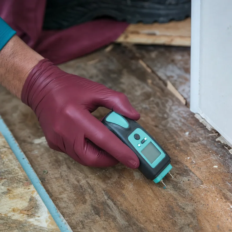 Contractor checking exposed subfloor moisture beneath removed flooring