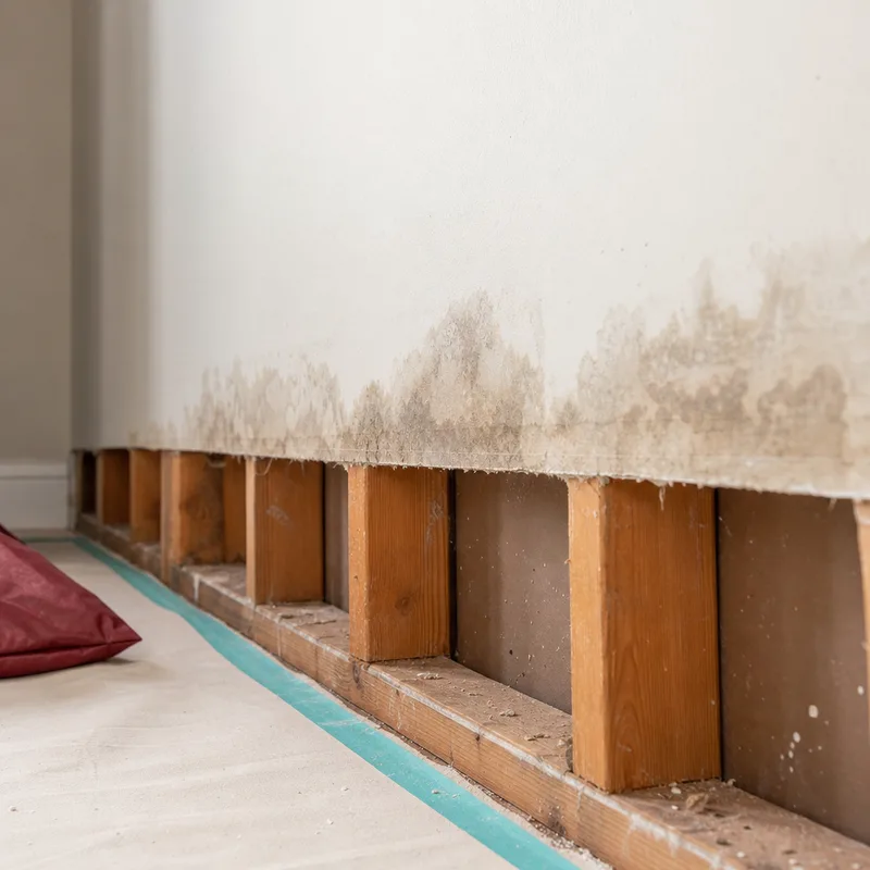 Water-stained drywall cut open in a clean horizontal line for wall-cavity drying