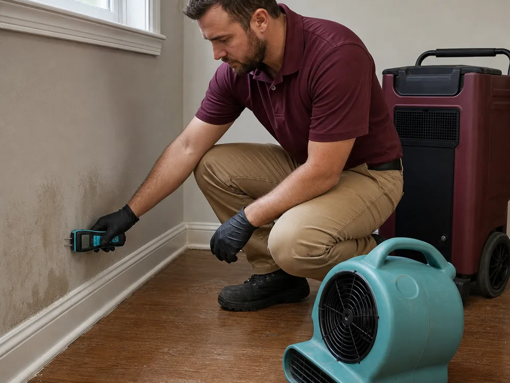 Contractor checking lower drywall with a moisture meter beside drying equipment