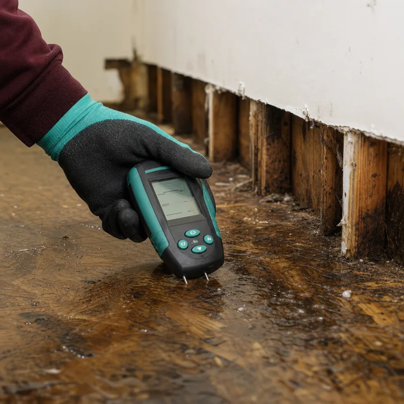 Close-up of a moisture meter reading on a wet subfloor near a baseboard that has been removed