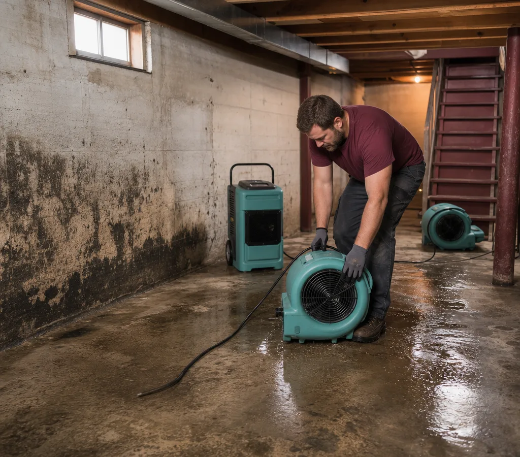 Basement interior with visible water intrusion and a contractor setting up drying equipment near a wet concrete floor