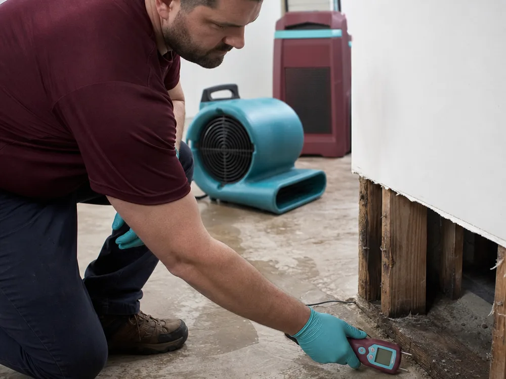 Contractor using a moisture meter at the base of an interior wall while a dehumidifier and air mover run in the background