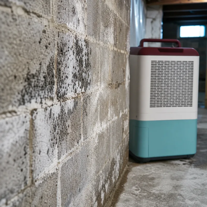 Visible mold-like growth on drywall near a window corner with condensation staining