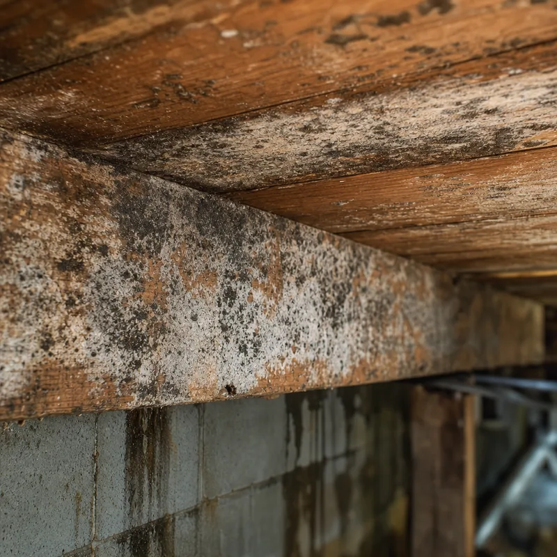 Mold growth on drywall paper facing around a basement window