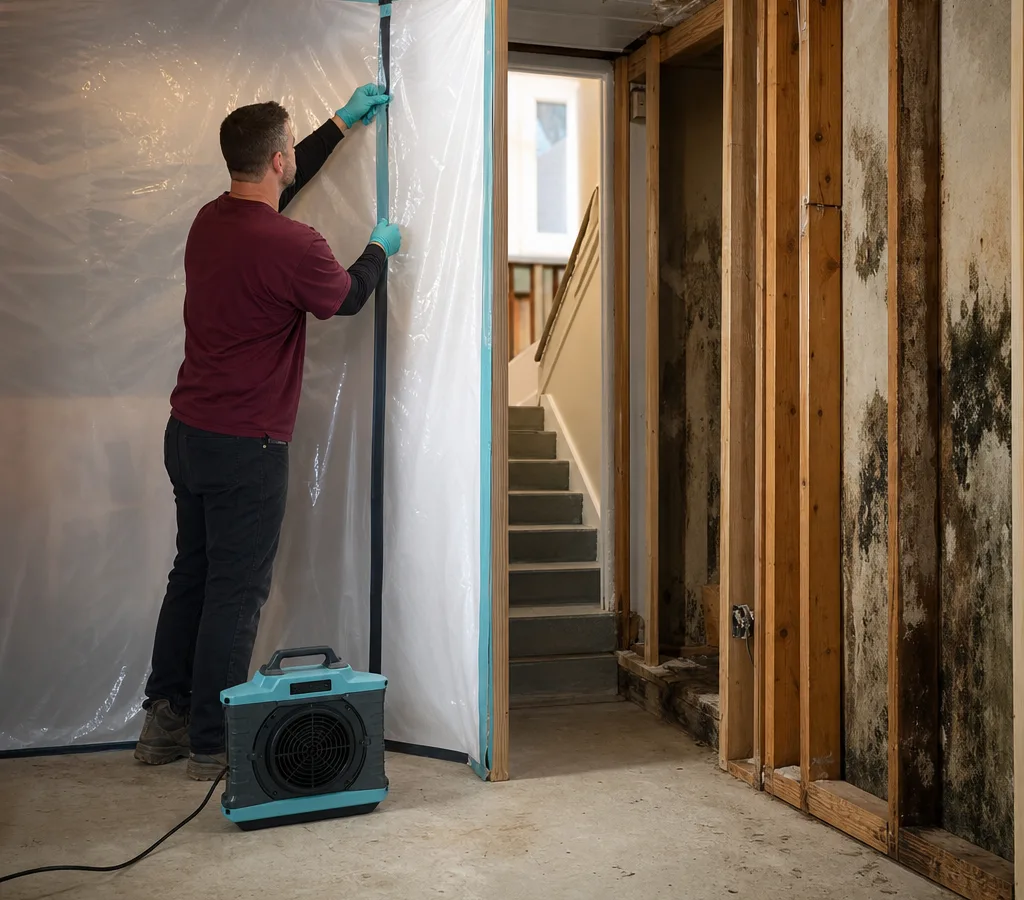 Contractor in protective gear setting up containment plastic and a negative air machine at a mold-stained basement room